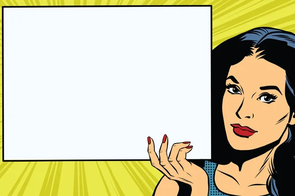 Brunette fille tenant une affiche rectangulaire vierge — Image vectorielle