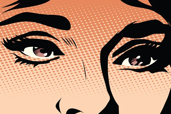 Ojos marrones mujer retro pop art — Vector de stock