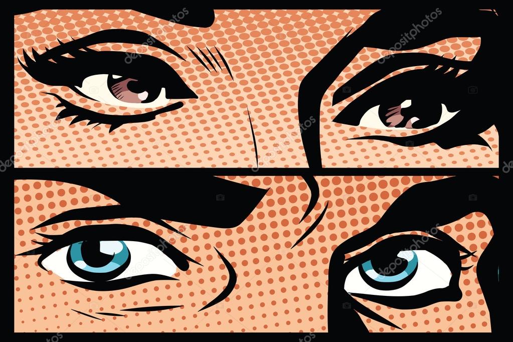 Male and female eyes closeup pop art retro — Stock Vector
