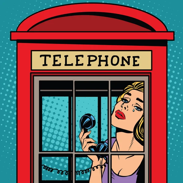 Menina chorando no vermelho telefone cabine retro —  Vetores de Stock