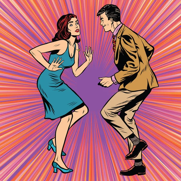 Retro man and woman dancing pop art — Stock Vector