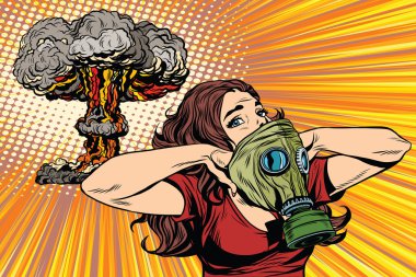 Nükleer patlama radyasyon tehlikesi gaz maskesi kız