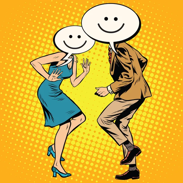 Komische smiley Emoji dansers man vrouw — Stockvector