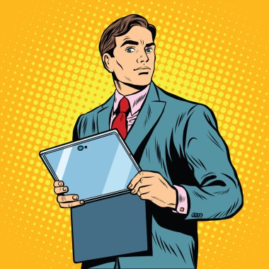 Dizüstü veya tablet ile işadamı