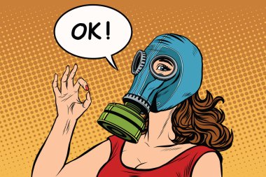 Young woman in gas mask okay gesture clipart