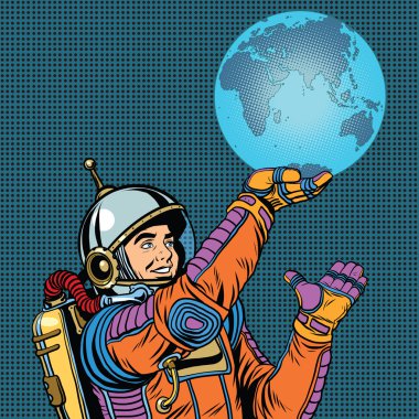 Retro astronot Dünya gezegeninin yandan tutuyor