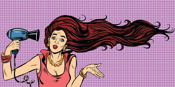 Mladá žena, sušení vlasů fénem — Stockový vektor