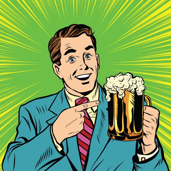 Retro man met een bier-popart — Stockvector