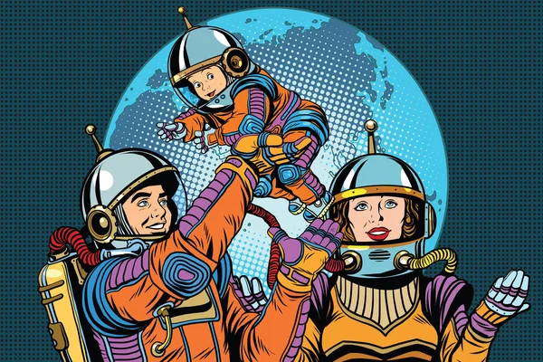 Retro astronautas família pai mãe e criança —  Vetores de Stock