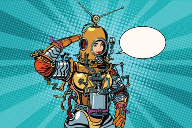 Retro kadın selamlıyor astronot veya derin deniz dalgıç