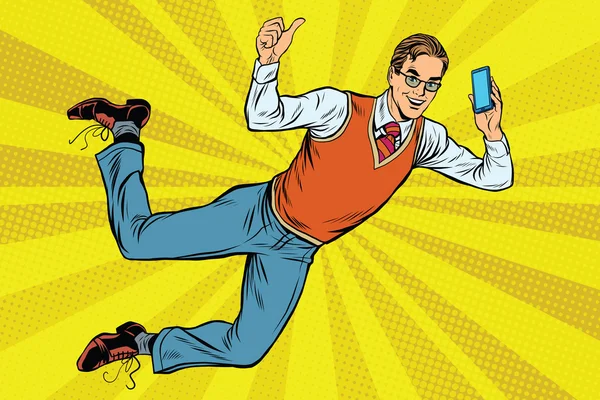 Hipster voador com um smartphone —  Vetores de Stock