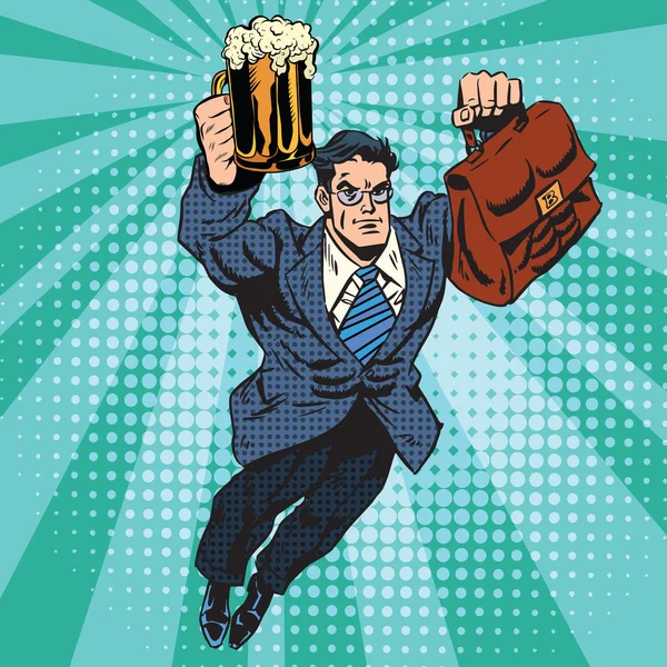 Homem de cerveja super-herói voando —  Vetores de Stock