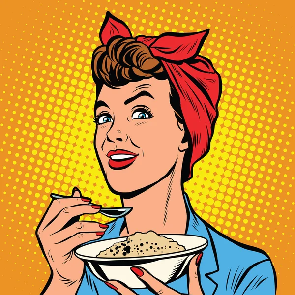 Mujer con tazón de cereal delicioso — Vector de stock
