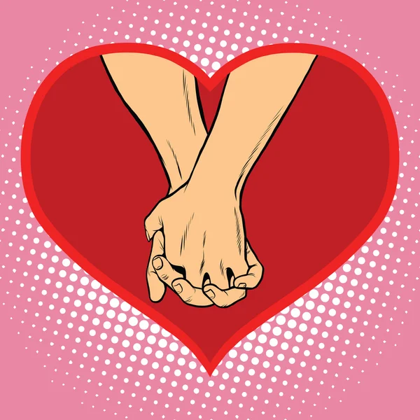 Mannetje en vrouwtje samen hand in hand met een rood hart-symbool van de liefde — Stockvector