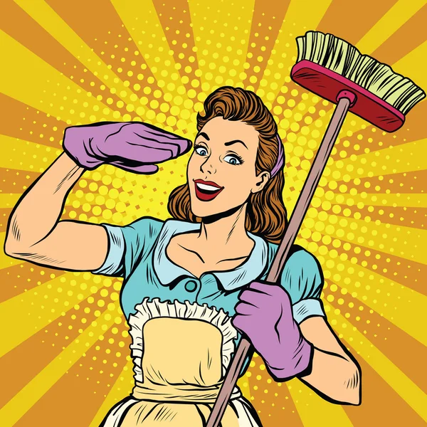 Empresa de limpieza limpiadora femenina pop art retro — Vector de stock