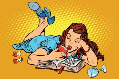 Güzel kadın bir kitap okuma ve bir elma yemek aşağı yalan