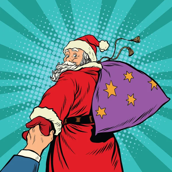 Suivez-moi, Père Noël avec des cadeaux Nouvel An Noël — Image vectorielle