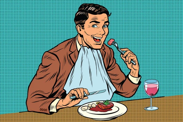 Elegant retro man eats in the restaurant and drinking wine — Stock Vector