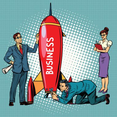 business startup, businessmen and businesswomen launch a rocket clipart