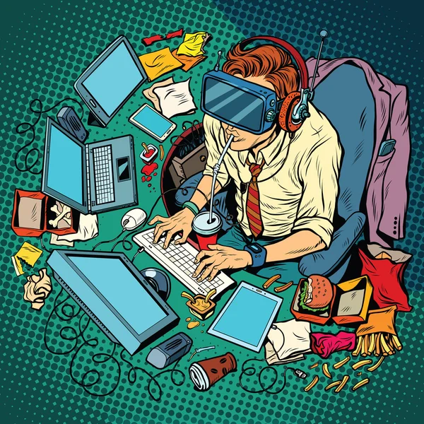 IT geek working on computers, virtual reality — Stock Vector