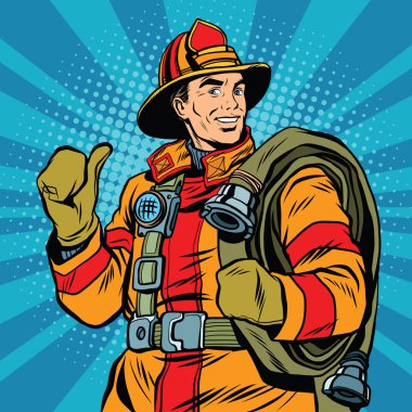 Rescue firefighter in safe helmet and uniform pop art clipart
