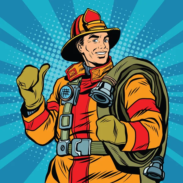 Bombero de rescate en casco seguro y arte pop uniforme — Vector de stock