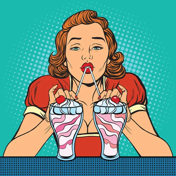 Wanita minum es krim milkshake Stok Vektor