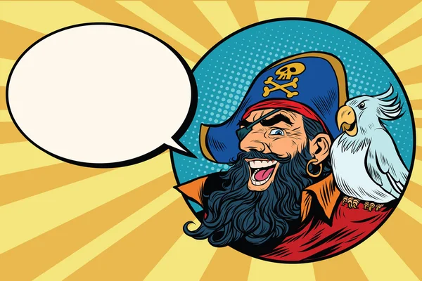 Gelukkig piraat met een papegaai, popart komische zeepbel — Stockvector