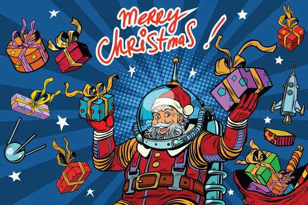 Space Santa Claus in der Schwerelosigkeit mit Weihnachtsgeschenken — Stockvektor