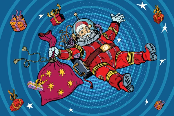 Space Santa Claus in zero gravity with Christmas gifts — Stock Vector