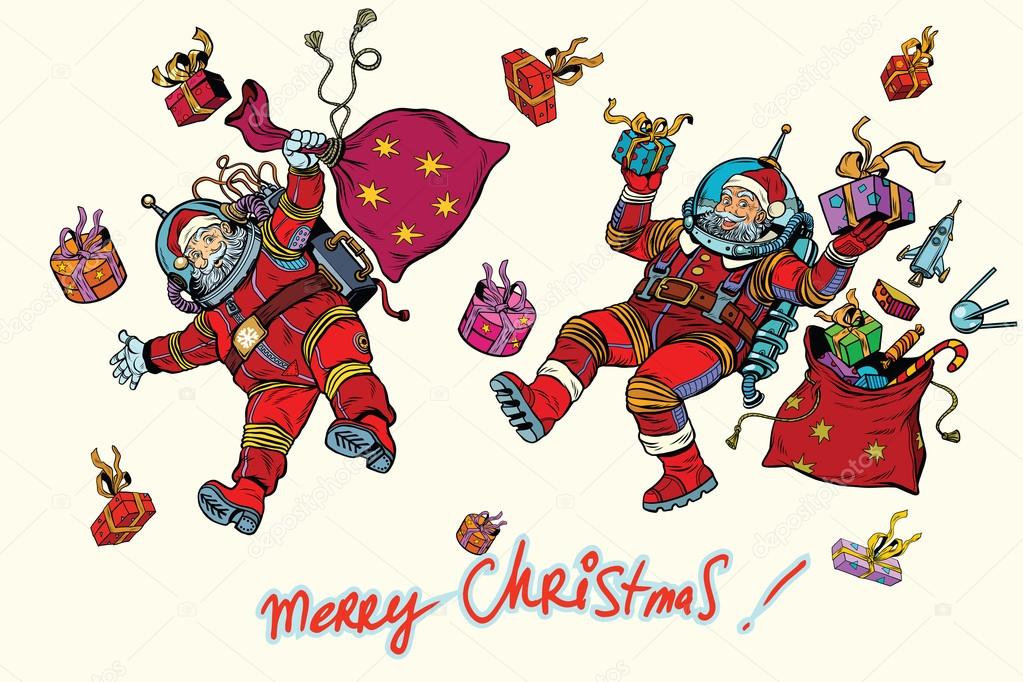 Space Santa Claus in zero gravity with Christmas gifts