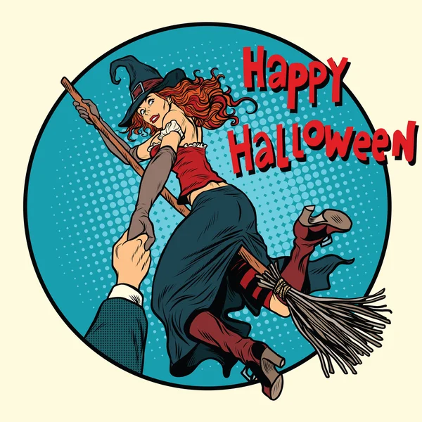 Mutlu Halloween cadı bir süpürge üzerinde beni izleyin — Stok Vektör