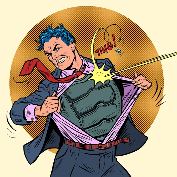 Seorang pengusaha superhero merobek jas. Tubuh antipeluru - Stok Vektor