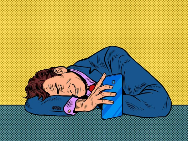 Un uomo dorme vicino a uno smartphone — Vettoriale Stock