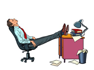 Ofis çalışanı bir çalışma koltuğunda dinleniyor. Yorgunluk
