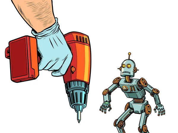 Reparación del concepto de robótica. El robot y el taladro — Archivo Imágenes Vectoriales