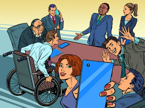 Obchodní schůzka. Kolegové různých ras, zdravotně postižení lidé pracují v kanceláři a fotí — Stockový vektor