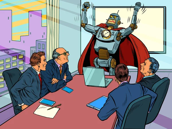 Roboter-Superheld bei einem Geschäftstreffen. Das Konzept der Evolution und technologischen Entwicklung. Pop Art Retro Illustration Kitsch Vintage 50er 60er Jahre Stil — Stockillustration Roboter-Superheld bei einem Geschäftstreffen. Das Konzept der Evolution und technologischen Entwicklung — Stockvektor