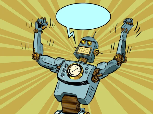 Robot gazember nyerő pózban. Technológiai fejlődés. A komikus gonosz karakter. — Stock Vector