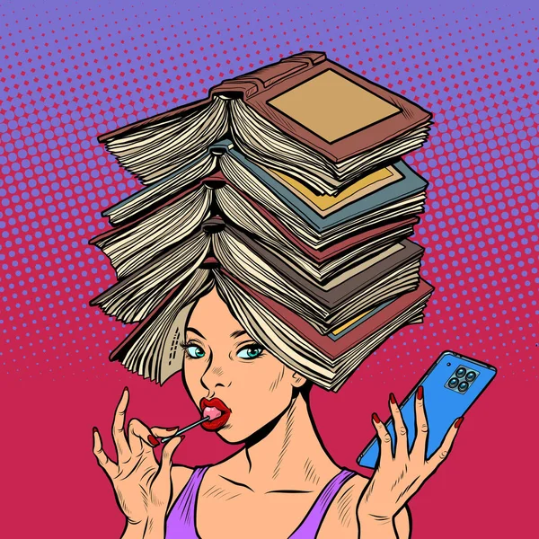 Uma mulher bem lida inteligente com livros — Vetor de Stock