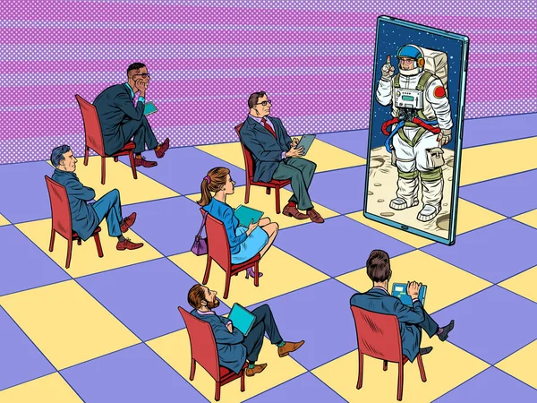 Удаленная деловая встреча с космонавтами или презентация, лекция, обучение через экран — стоковый вектор