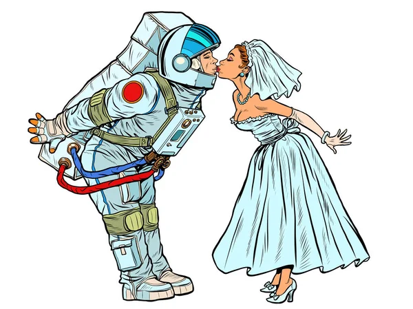 宇宙飛行士の新郎と花嫁のキス — ストックベクタ