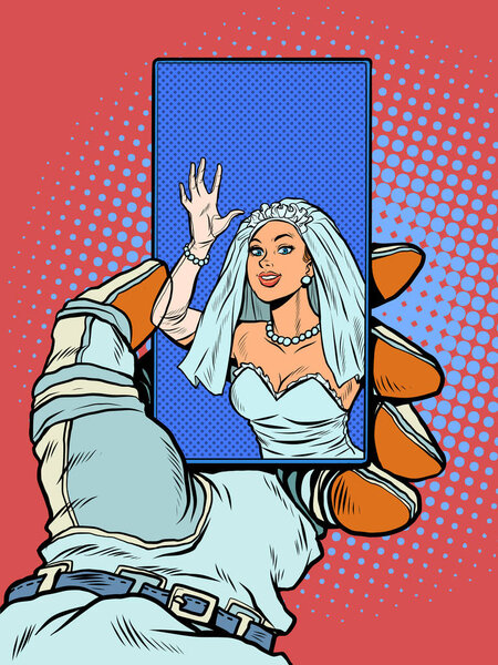 Bride on an online video conference call with an astronaut