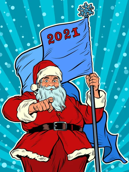 Babbo Natale con la bandiera del 2021. Natale e Anno nuovo — Vettoriale Stock