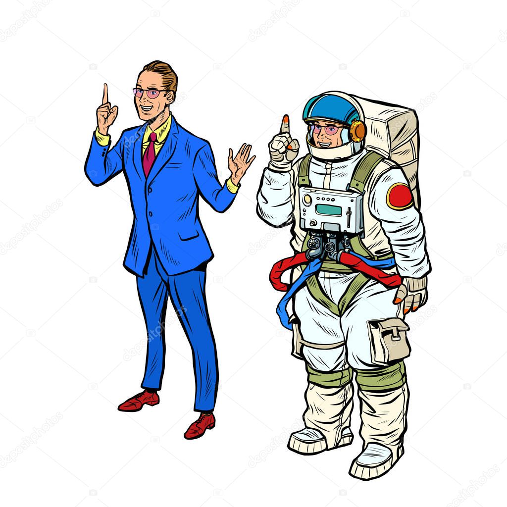 A businessman and an astronaut in a spacesuit
