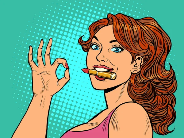 Una mujer con lápiz labial. Bien hecho. Hermosa mujer de moda. Perfumería — Vector de stock