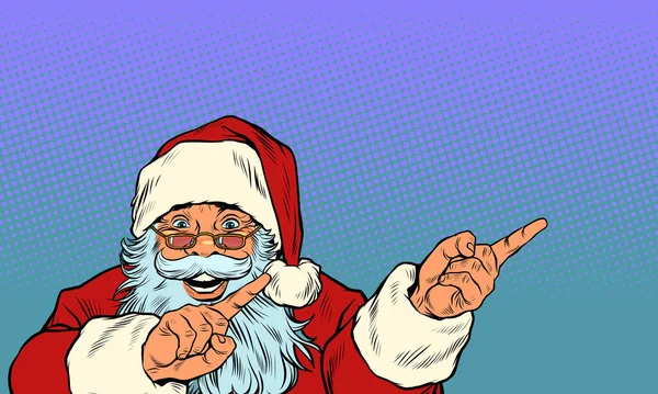 Santa Claus muestra el lado. Anuncio de Navidad o anuncio — Vector de stock