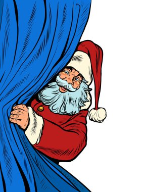 Noel Baba perdenin arkasından dışarı bakar. Noel arkaplanı