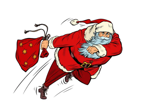 Santa Claus está corriendo con una bolsa de regalo. Mensajero de Navidad — Vector de stock