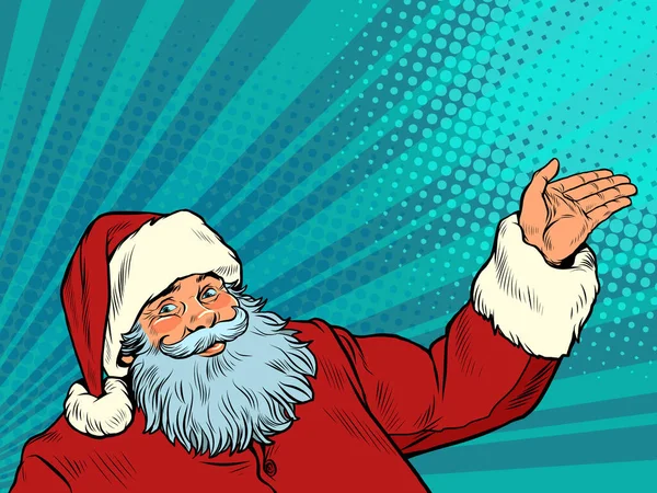 Презентация жеста Ретро Санта Клауса. Новый год и Рождество поп-арт фон — стоковый вектор